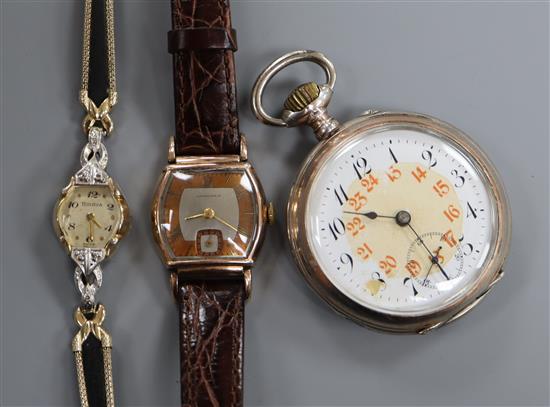 A gold plated Longines two tone dial manual wind wrist watch, a ladys Bulova watch and an 800 pocket watch.